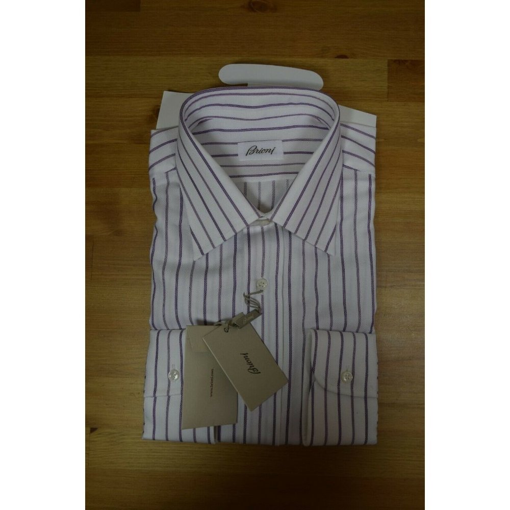 $749 Brioni Italy 16 / 41 Men Lavender White Long-Sleeve Button Top Dress Shirt - Picture 5 of 7